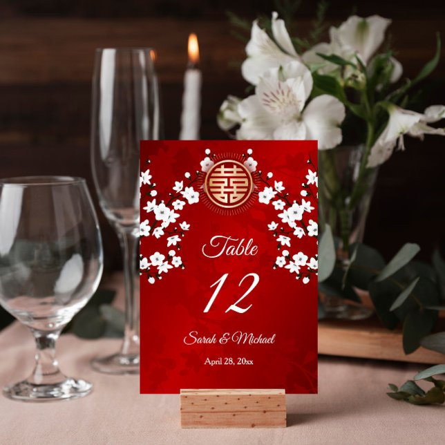 Tarjeta De Mesa Boda chino con flores de cerezo blanco (Subido por el creador)