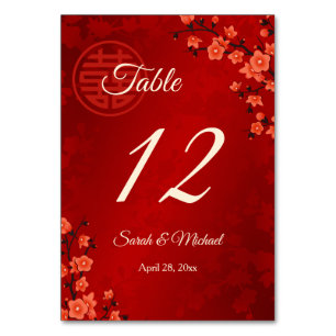 Tarjeta De Mesa Boda chino con flores de cerezo rojo