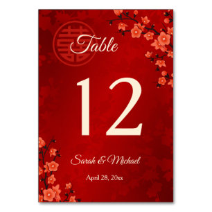 Tarjeta De Mesa Boda chino con flores de cerezo rojo