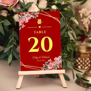 Tarjeta De Mesa Boda chino de floración dorada geométrica roja