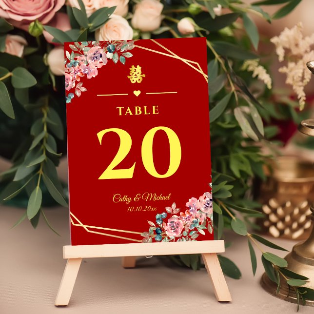 Tarjeta De Mesa Boda chino de floración dorada geométrica roja (Subido por el creador)