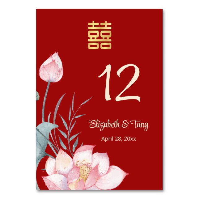 Tarjeta De Mesa Boda chino de Lotus Flower (Anverso)