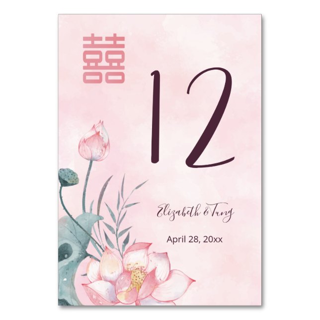 Tarjeta De Mesa Boda chino de Lotus Flower (Anverso)