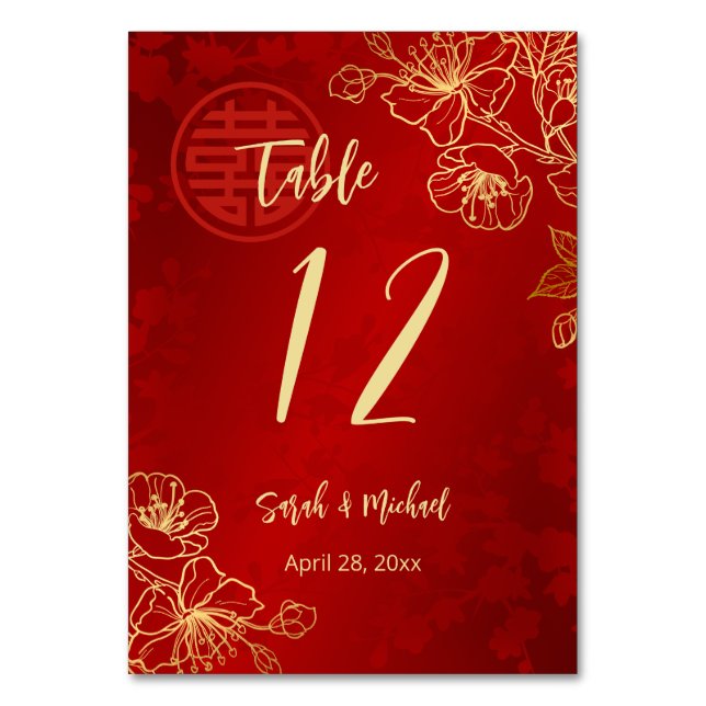 Tarjeta De Mesa Boda chino Floral Gold (Anverso)