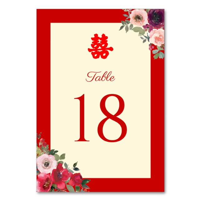 Tarjeta De Mesa Boda chino jardín rojo floral doble felicidad (Anverso)
