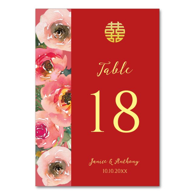 Tarjeta De Mesa Boda chino moderno de borde floral rosa (Anverso)