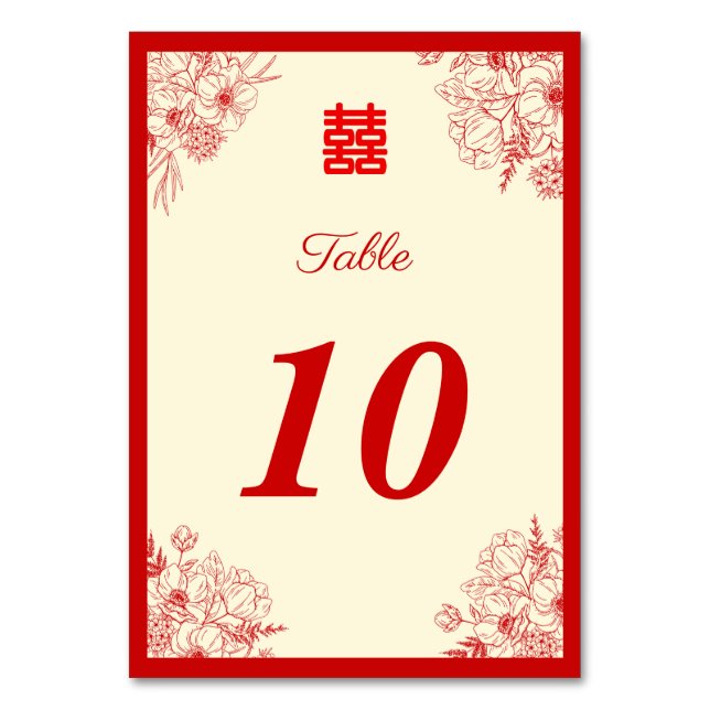 Tarjeta De Mesa Boda chino rojo beige floral oriental (Anverso)