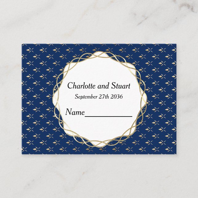 Tarjeta De Mesa Boda Clásica de Azul y Oro (Anverso)