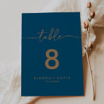 Tarjeta De Mesa Boda clásico de Navy Blue Gold<br><div class="desc">Este número de mesa boda clásico de color azul marino es perfecto para un boda moderno. El diseño, sencillo y elegante, presenta una tipografía de escritura clásica y elegante en oro. Este es un número de tabla de doble cara. Agregue cada número de tabla que necesite a su carrito individualmente....</div>