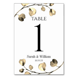 Tarjeta De Mesa Boda clásico de oro y eucalipto blanco