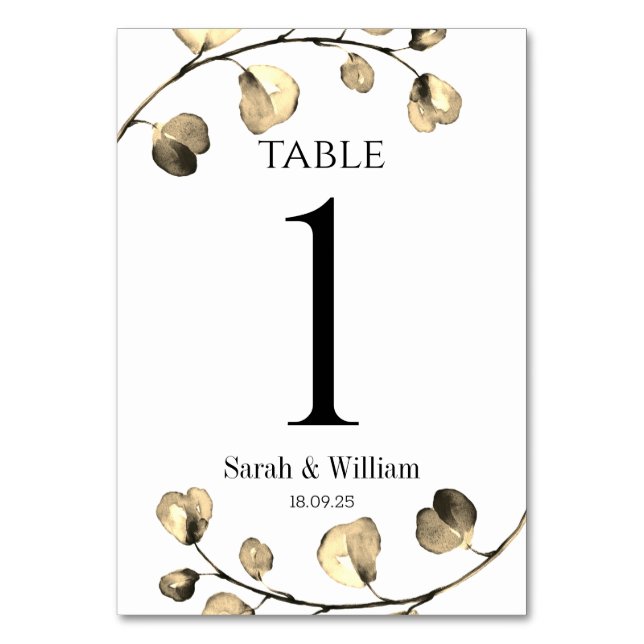 Tarjeta De Mesa Boda clásico de oro y eucalipto blanco (Anverso)