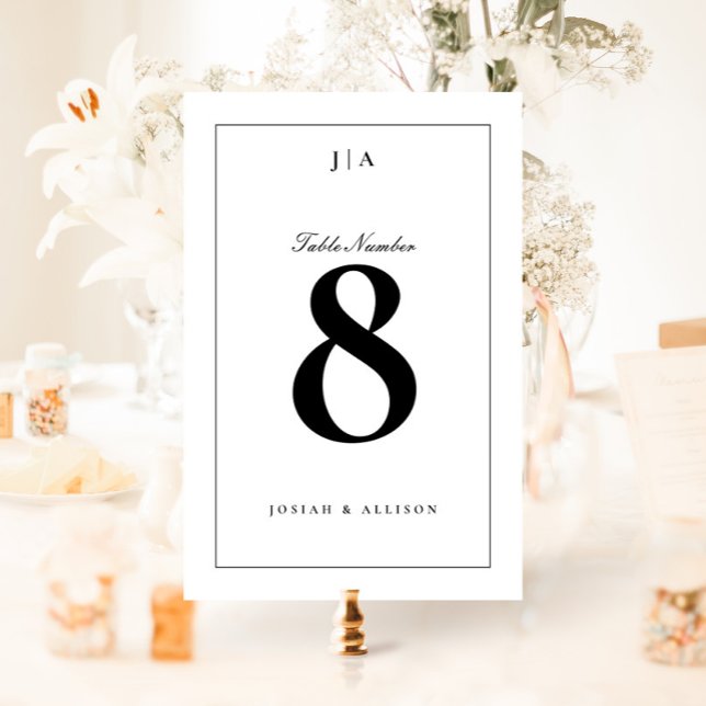 Tarjeta De Mesa Boda clásico negro y blanco (Elegant black and white wedding monogram table numbers.)