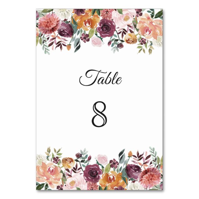 Tarjeta De Mesa Boda con bordes florales marrones rosados y marfil (Anverso)