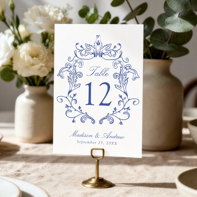 Tarjeta De Mesa Boda con Cresta Azul Elegante (Subido por el creador)