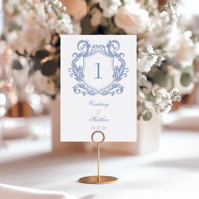 Tarjeta De Mesa Boda con Cresta de Azul Polvoriento Elegante (Subido por el creador)