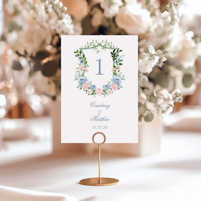 Tarjeta De Mesa Boda con Cresta Floral Azul Polvoriento (Subido por el creador)