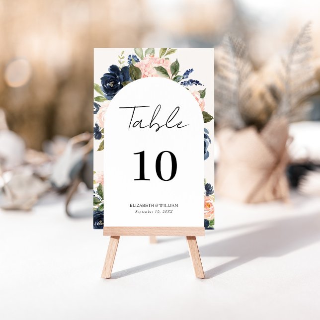 Tarjeta De Mesa Boda con guión floral de Navy y Blush caprichoso (Subido por el creador)