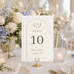 Tarjeta De Mesa Boda con Monograma de Rayas Azules y Verde Sage 