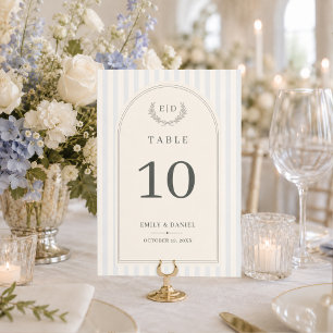 Tarjeta De Mesa Boda con Monograma de Rayas Azules y Verde Sage