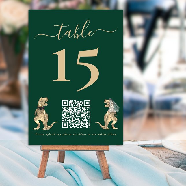 Tarjeta De Mesa Boda con tema de dinosaurios Código QR Verde (Dinosaur theme wedding dark green table number cards with website qr code for photos and videos )