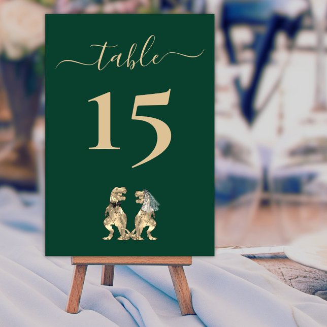 Tarjeta De Mesa Boda con tema de dinosaurios Verde (Dinosaur theme wedding dark green custom Table number card elegant script T-Rex bride & groom)