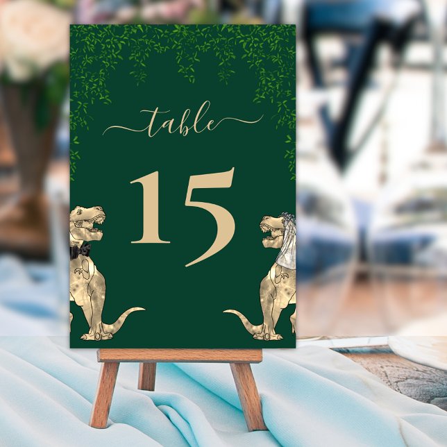 Tarjeta De Mesa Boda con tema de dinosaurios Verde (Dinosaur themed dark green wedding table number cards  Jurassic T-Rex bride and groom eucalyptus )