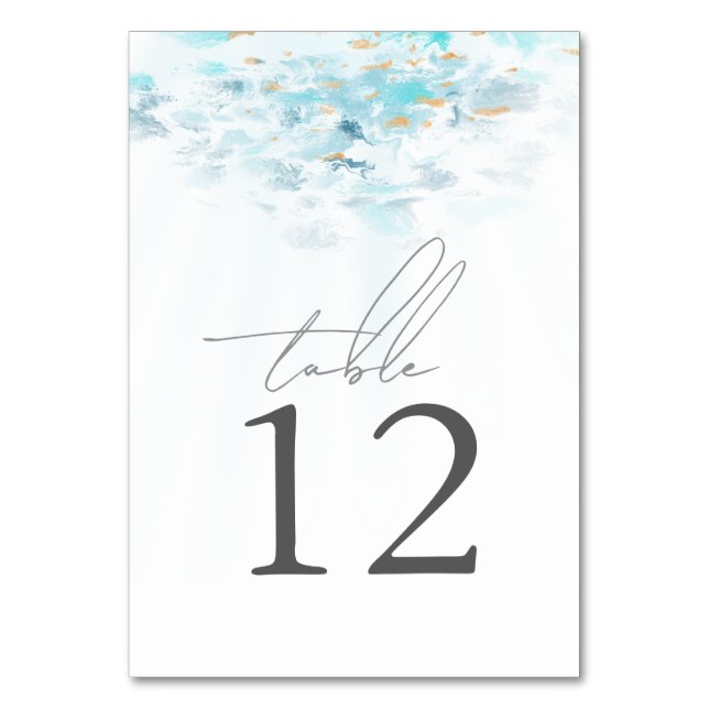 Tarjeta De Mesa Boda Costera de Olas Azul y Dorado (Anverso)