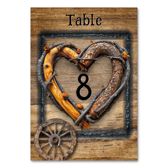 Tarjeta De Mesa Boda Country Western Twig Marco Carro Rueda  (Anverso)