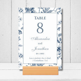 Tarjeta De Mesa Boda Cristiana Floral Azul Chinoiserie