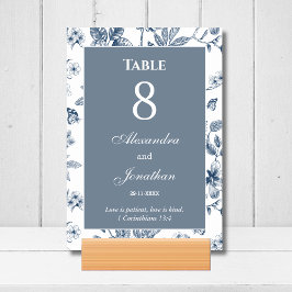 Tarjeta De Mesa Boda Cristiana Floral Azul Chinoiserie