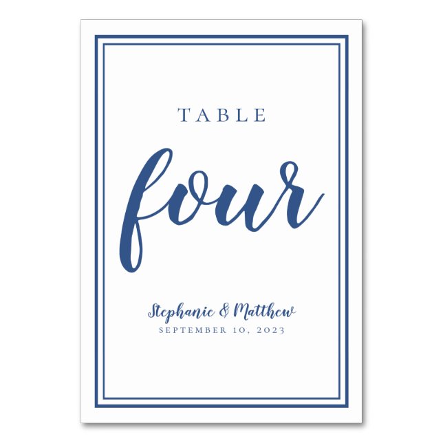 Tarjeta De Mesa Boda Cuatro Invitado Simple De Cena Azul Y Blanca (Anverso)