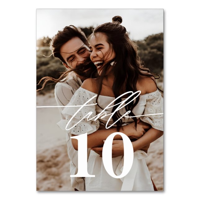 Tarjeta De Mesa Boda de 2 fotografías en guión moderno (Anverso)