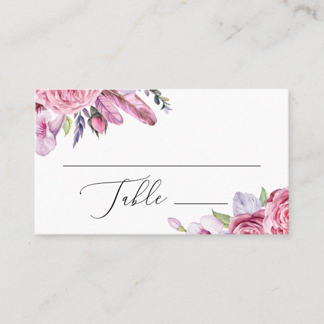 Tarjeta De Mesa Boda de acuarela boho flores rosadas y plumas (Anverso)