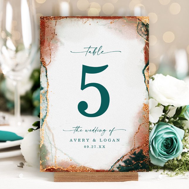 Tarjeta De Mesa Boda de acuarela de abstracto moderno Verde azulad (Elegant wedding table number cards with a modern abstract watercolor design in teal and copper)