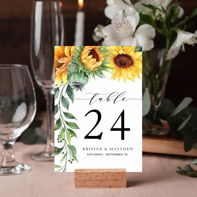 Tarjeta De Mesa Boda de acuarela de girasol moderno (Watercolor sunflower cascade design table number card is perfect for your wedding reception.)