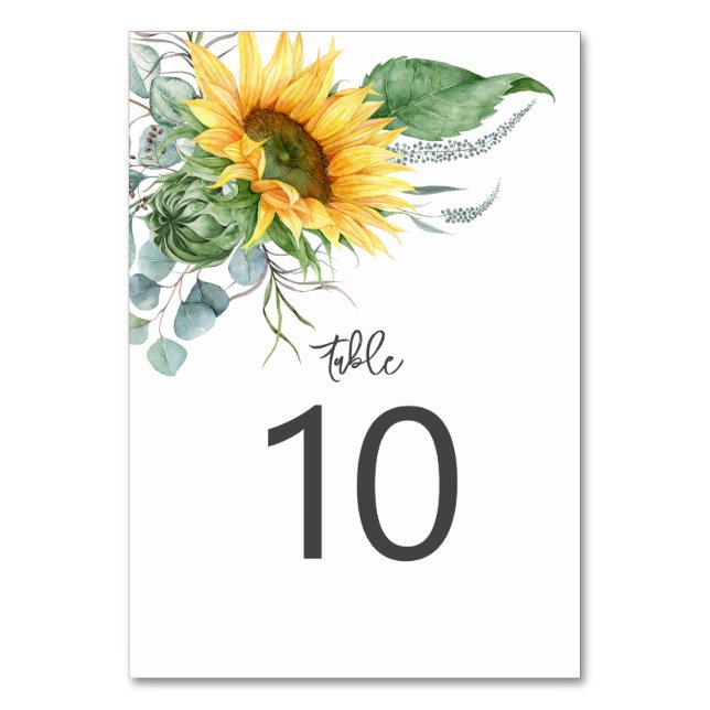 Tarjeta De Mesa Boda de Acuarela de Girasoles y Eucalipto Rústicos (Anverso)