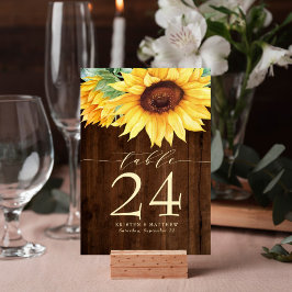 Tarjeta De Mesa Boda de acuarela de madera rústica de girasol
