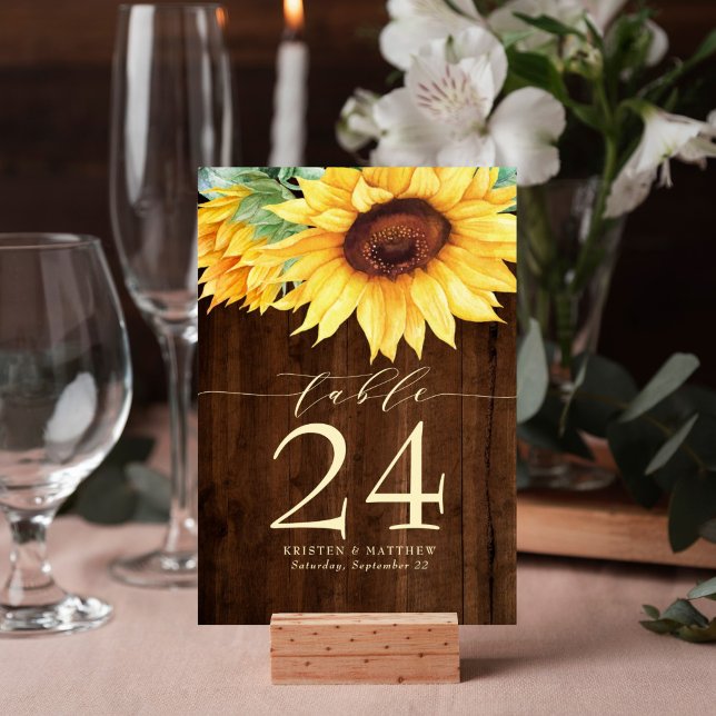 Tarjeta De Mesa Boda de acuarela de madera rústica de girasol (Rustic wood sunflower watercolor design table number card is perfect for your wedding reception.)