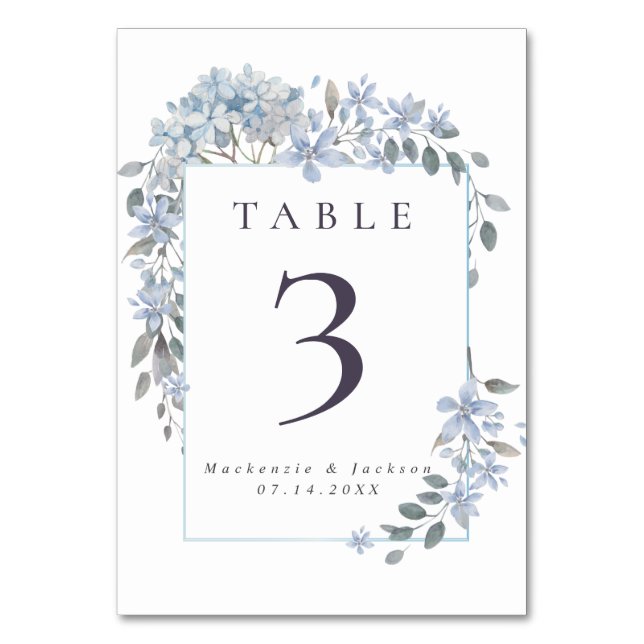 Tarjeta De Mesa Boda de acuarela de marco de hidráneas azules (Anverso)