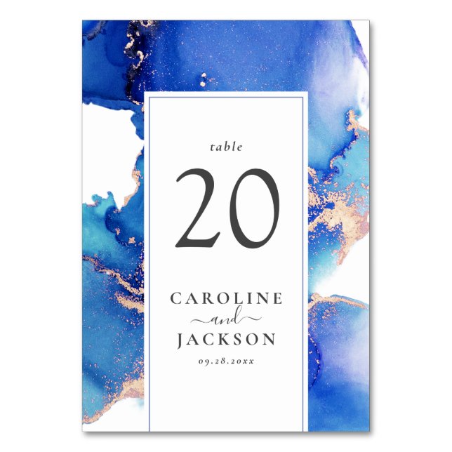 Tarjeta De Mesa Boda de acuarela de oro azul (Anverso)