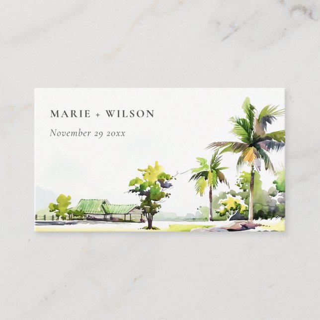 Tarjeta De Mesa Boda de acuarela de palmeras costeras tropicales (Anverso)