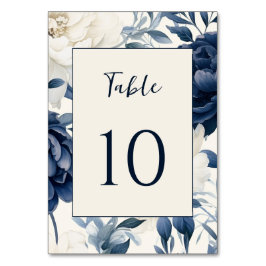 Tarjeta De Mesa Boda de acuarela dorada azul marino y floral blanc