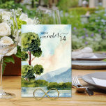 Tarjeta De Mesa Boda de acuarela Evergreen editable<br><div class="desc">Tarjeta de boda de la tabla de la acuarela del lago Evergreen con paisaje pintoresco idílico. Paisaje campestre acuático con árboles y vegetación siempre verdes, montañas azules y un lago quieto bajo un cielo azul claro. El diseño es en tonos polvorientos azules, periwinkle y verde y está escrito con un...</div>