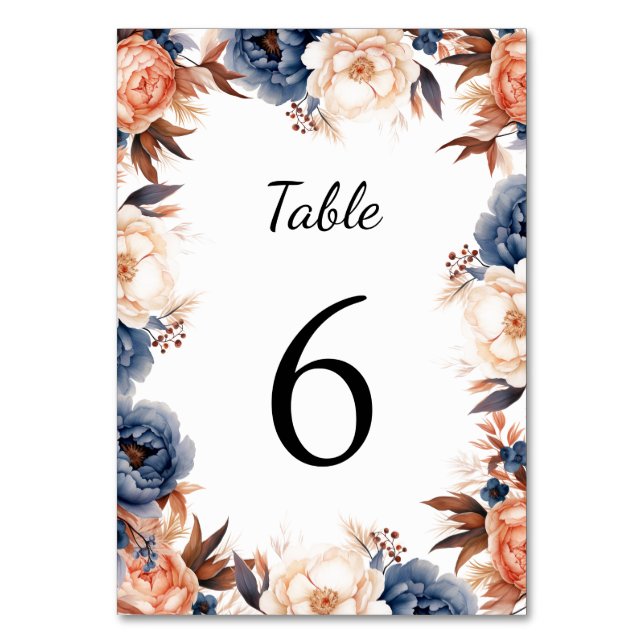 Tarjeta De Mesa Boda de acuarela floral azul turbio y terracota (Anverso)