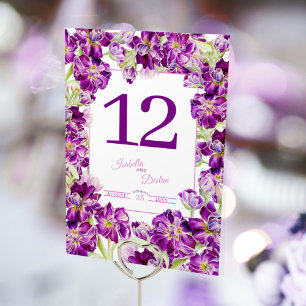 Tarjeta De Mesa Boda de acuarela floral de morada