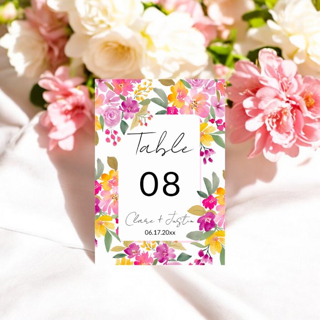 Tarjeta De Mesa Boda de acuarela floral de verano primavera (Spring Summer Floral Watercolor Wedding Table Number)