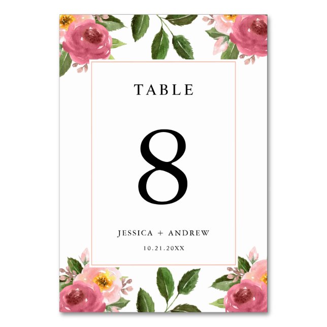 Tarjeta De Mesa Boda de acuarela floral rosa de Rubor (Anverso)