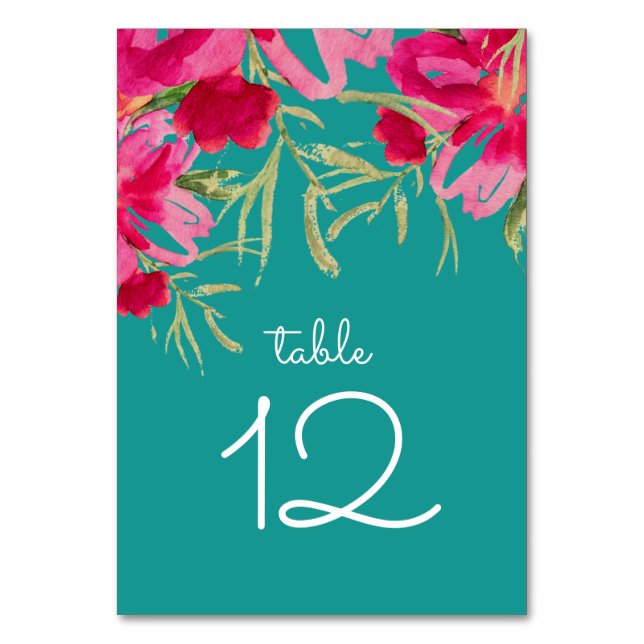 Tarjeta De Mesa Boda de acuarela floral turquesa Fuchsia (Anverso)