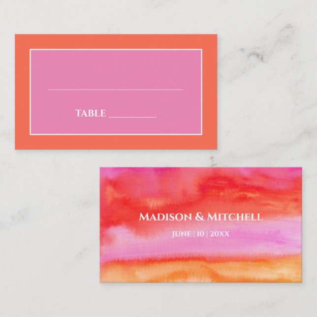 Tarjeta De Mesa Boda de acuarela Naranja rosa Garden Sunrise (Anverso / Reverso)