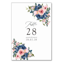 Tarjeta De Mesa Boda de acuarela navy y floral rosa